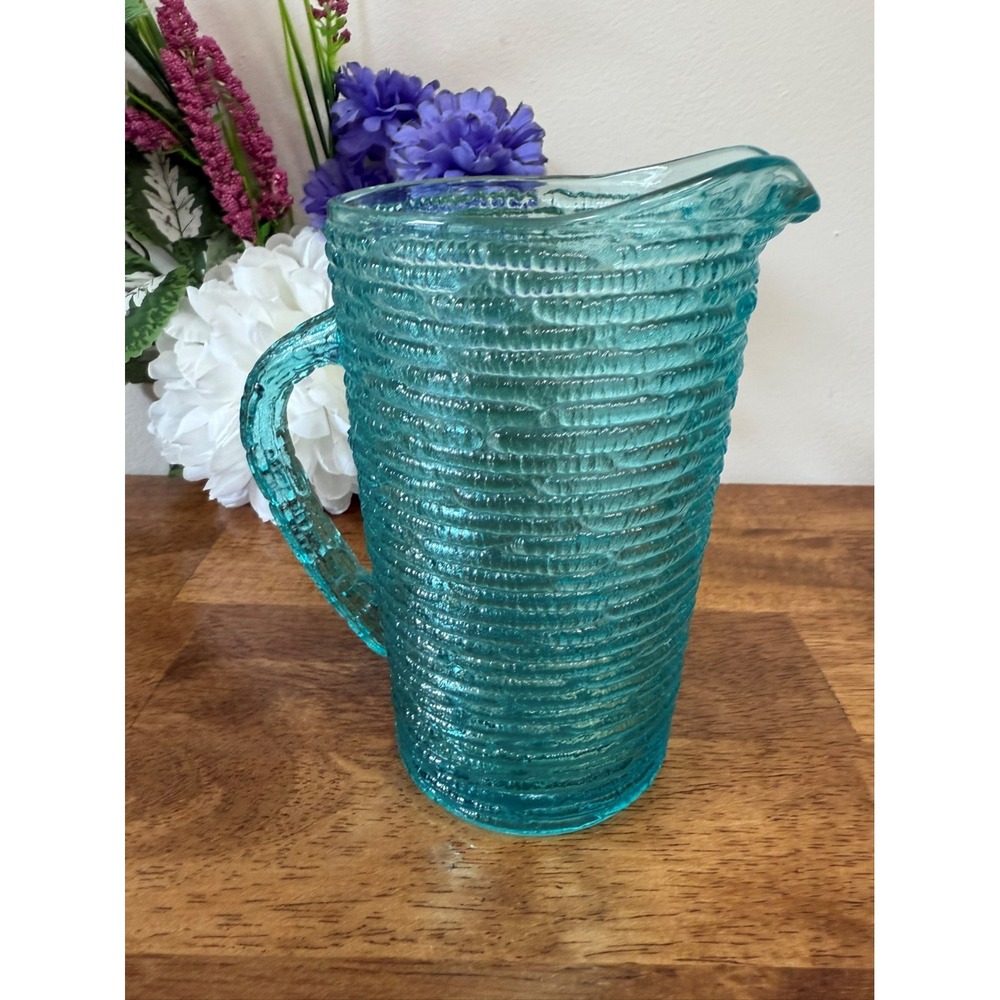 Vintage Anchor‎ Hocking Soreno Aquamarine Glass Pitcher Textured